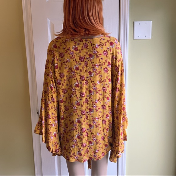 HPx2 Mustard Red Floral Tunic Relaxed Fit Ruffle Butterfly Sleeves Tie Waist SML - Picture 12 of 16